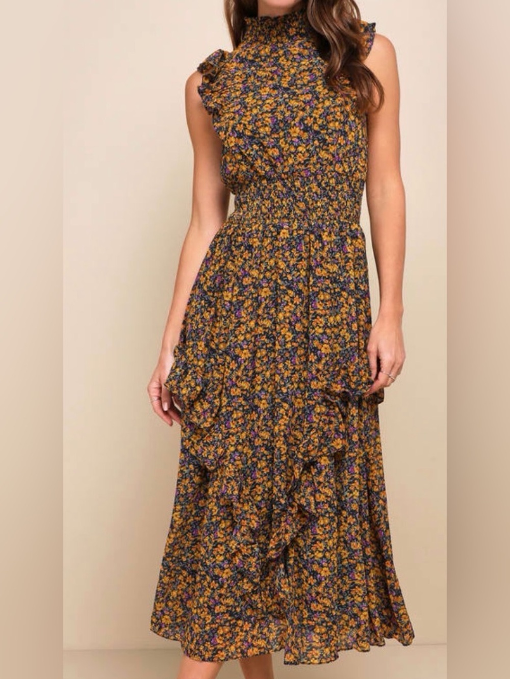Lulus evalina mustard yellow Floral Ruffle Midi Dress , mock neck S